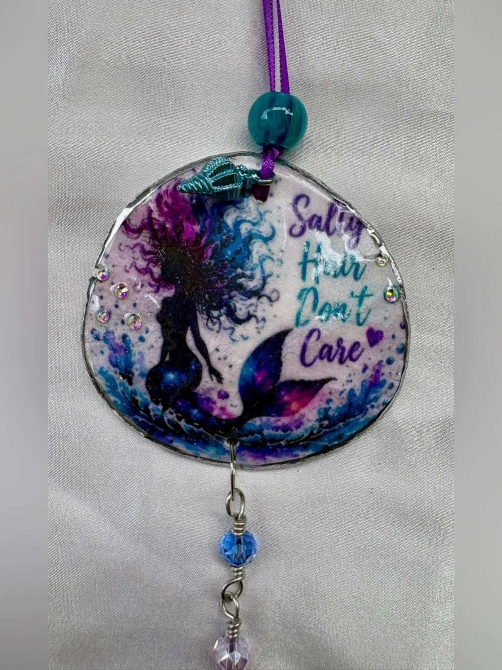 Decoupage Mermaid Crystal Sun Catcher — Purple & Teal Decorative Wall Hanging